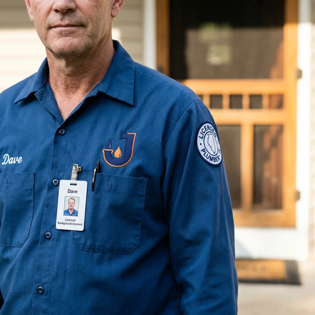 Licensed plumber showing ID badge in Franklinville, NC