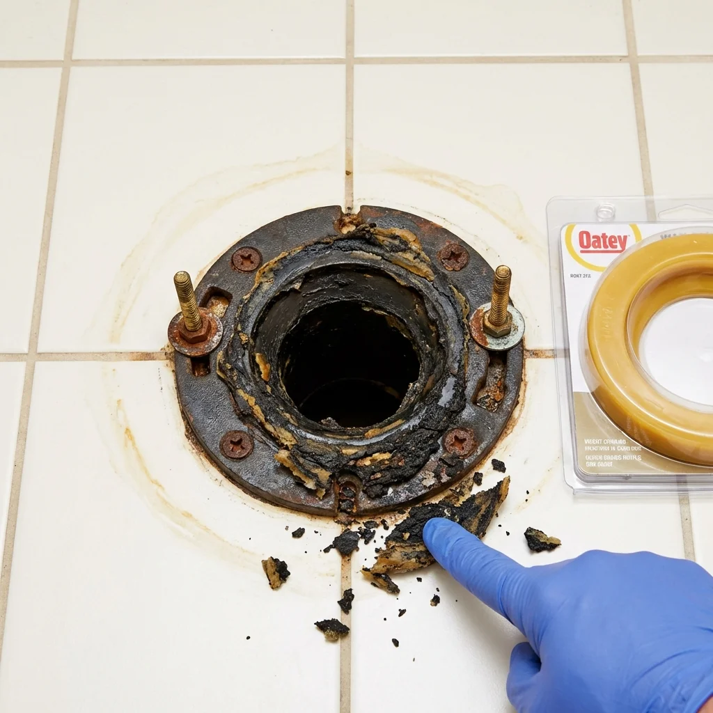 Failed wax ring showing water seepage at the base of a toilet in a Franklinville, NC home