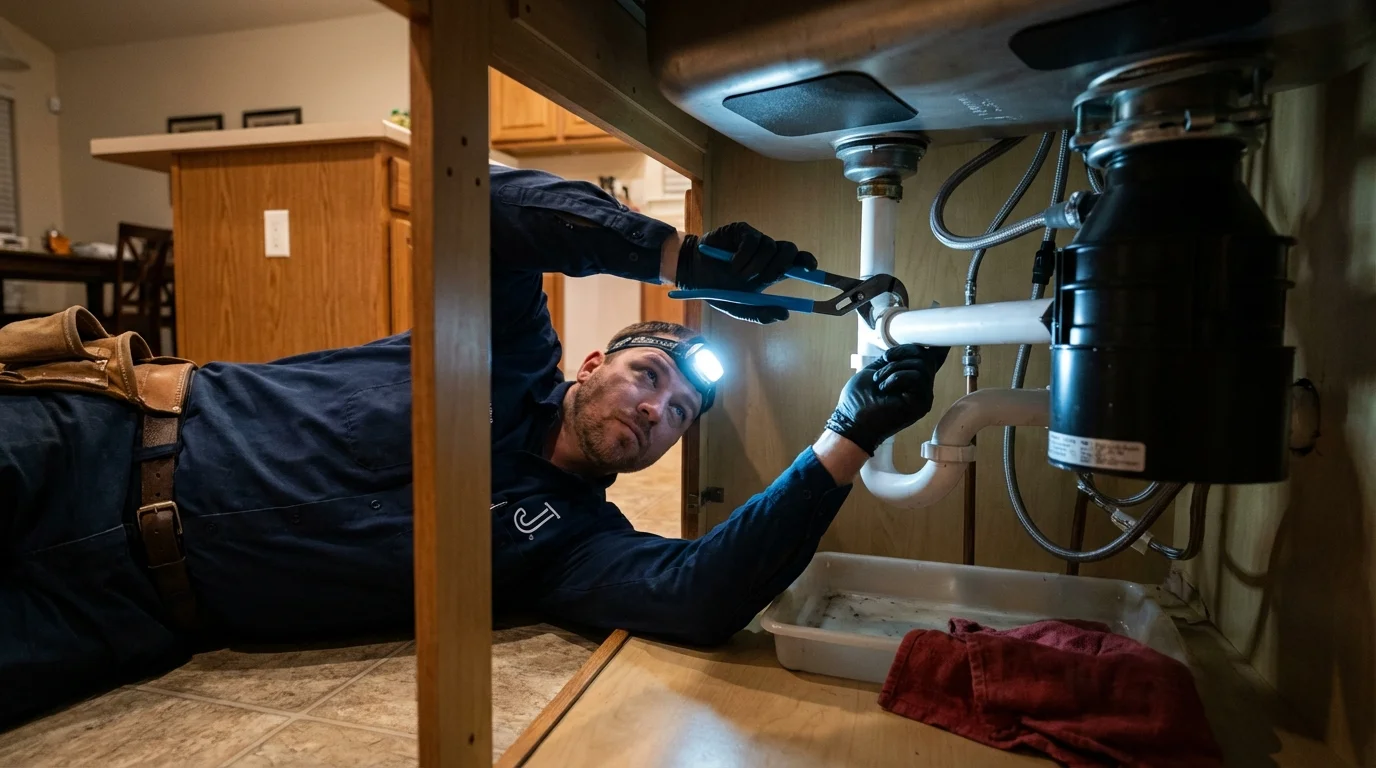 P-trap and supply line connections under a kitchen sink showing a common leak point in Franklinville, NC